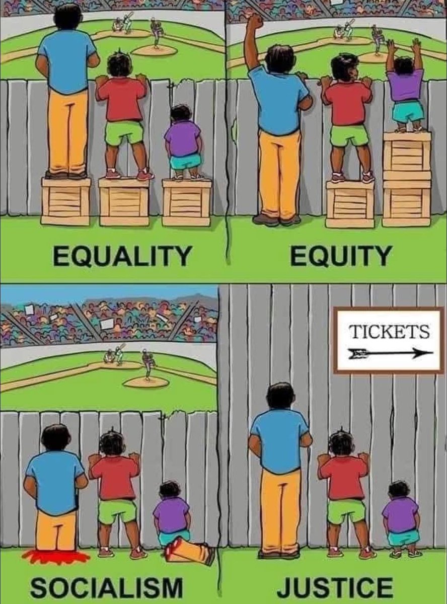 Rolandschoeman's tweet image. Equality: same box.
Equity: reshuffle the boxes.
Socialism: destroy the boxes.
Justice? In South Africa, it should’ve meant fixing the system. Instead, we just built a new fence and then sold tickets to the same people over and over again.