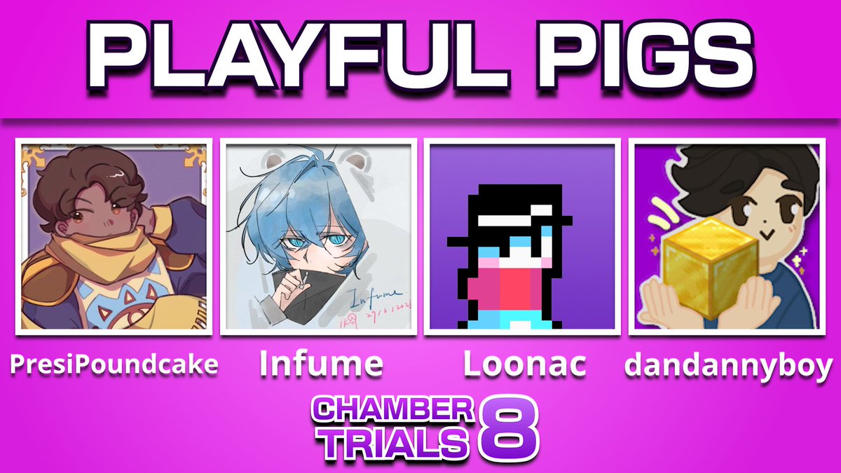 Chamber Trials (@chambertrialsmc) on Twitter photo Announcing the Playful Pigs!
Consisting of <a href="/PresiPoundcake/">President Poundcake</a> <a href="/Infume_/">Infume</a> <a href="/Loonac_/">☃️ loonac</a> & <a href="/dandannyboy_mc/">dandannyboy</a>
Oink Oink! Chamber Trials 8 is on Sunday, August 10 at 2PM EST & 7PM BST Announcing the Playful Pigs!
Consisting of <a href="/PresiPoundcake/">President Poundcake</a> <a href="/Infume_/">Infume</a> <a href="/Loonac_/">☃️ loonac</a> & <a href="/dandannyboy_mc/">dandannyboy</a>
Oink Oink! Chamber Trials 8 is on Sunday, August 10 at 2PM EST & 7PM BST