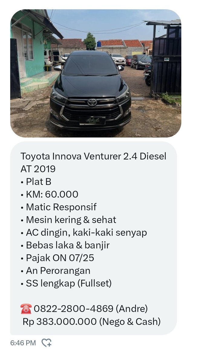 TanyaMobilBase's tweet image. Toyota Innova Venturer 2.4 Diesel AT 2019
• Plat B
• KM: 60.000
• Matic Responsif
• Mesin kering &amp;amp; sehat
• AC dingin, kaki-kaki senyap
• Bebas laka &amp;amp; banjir
• Pajak ON 07/25
• An Perorangan 
• SS lengkap (Fullset)

☎️ 0822-2800-4869 (Andre)
 Rp 383.000.000 (Nego &amp;amp; Cash)