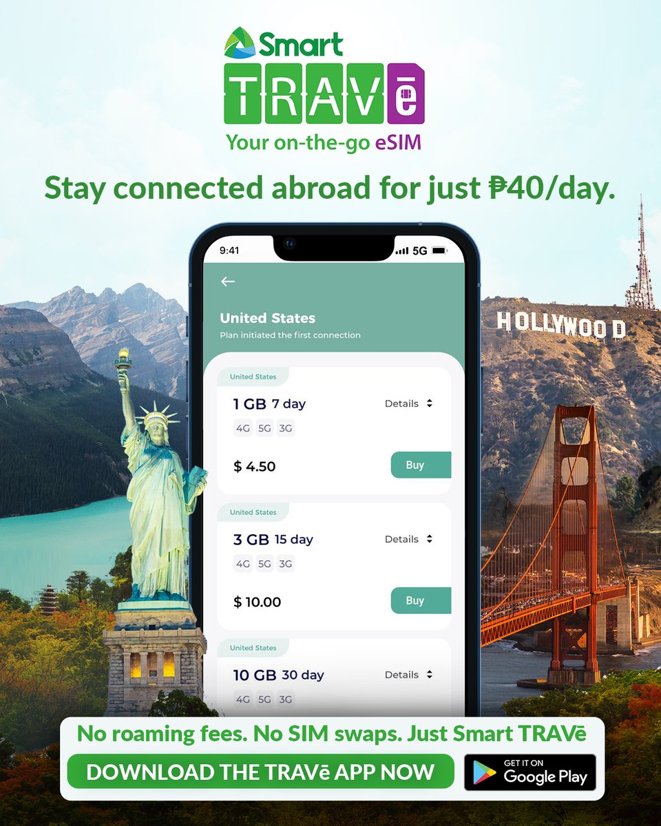 LiveSmart's tweet image. Introducing Travē: Your all-in-one travel eSIM from Smart. 🌍
No queues, no SIM swaps, no roaming charges. Just instant data abroad for less than ₱40/day.
📲 Available now on Google Play. Apple App Store coming soon.
👉 Learn more: smart.com.ph/trave
