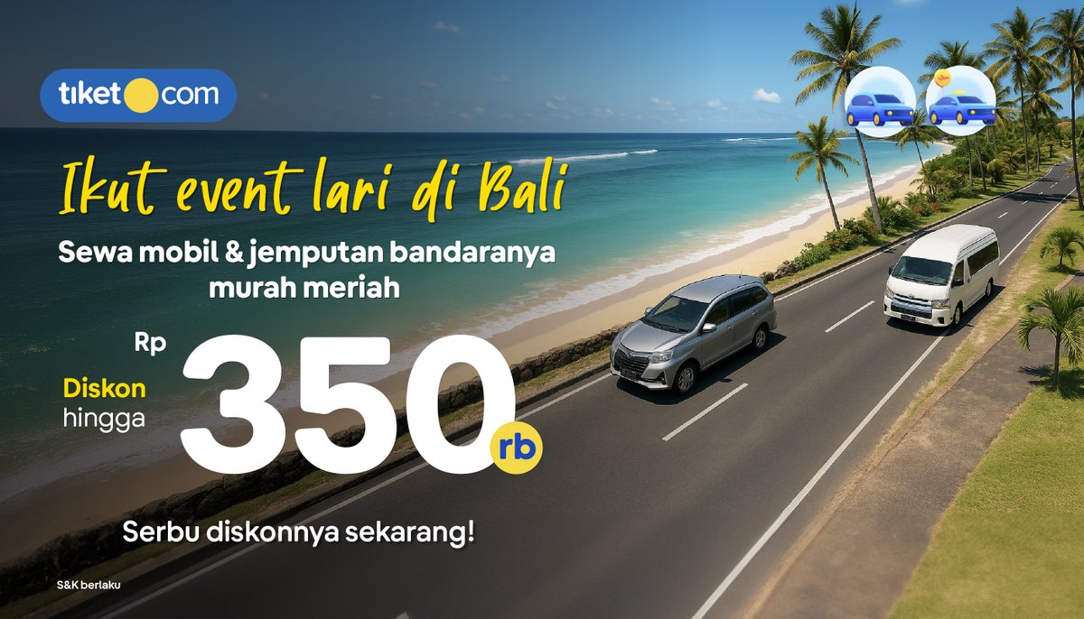 Siap lari di Bali? Sewa mobil &amp; jemputan bandaranya murah meriah, lho! Pake kode promo CARBALIRUN &amp; ATBALIRUN, ada diskon spesial buat kamu! 🏃‍♀️✨

💨go.tiket.com/LaridiBaliX

Cek promonya sekarang!😍✨