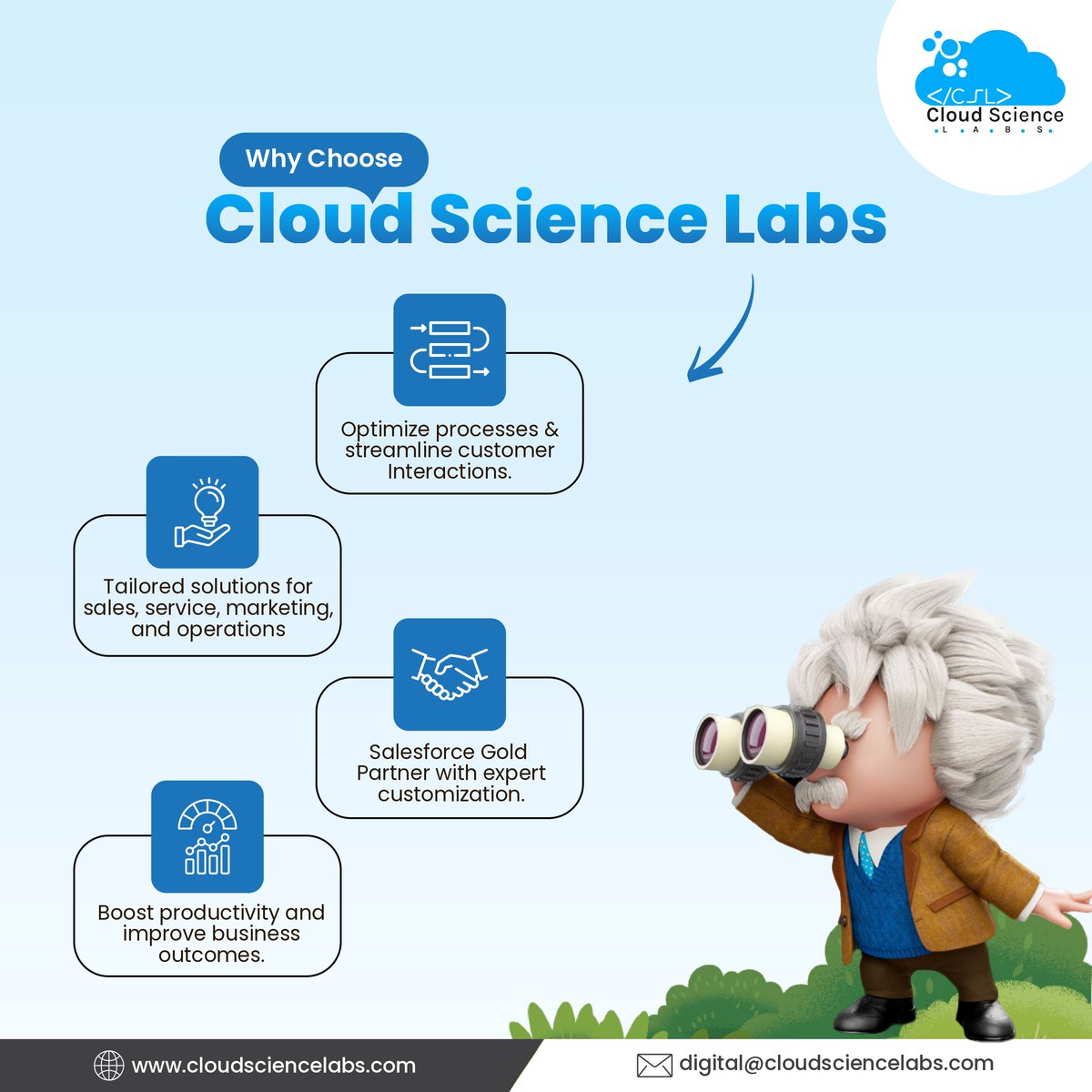 labs_science's tweet image. Meet your personal data scientist: Salesforce Einstein
✅ Analyze data
✅ Predict trends
✅ Automate decisions
Einstein makes CRM smarter, faster & future-ready.
Let Cloud Science Labs help you harness its full power.
📩 digital@cloudsciencelabs.co
#SalesforceEinstein #CSL