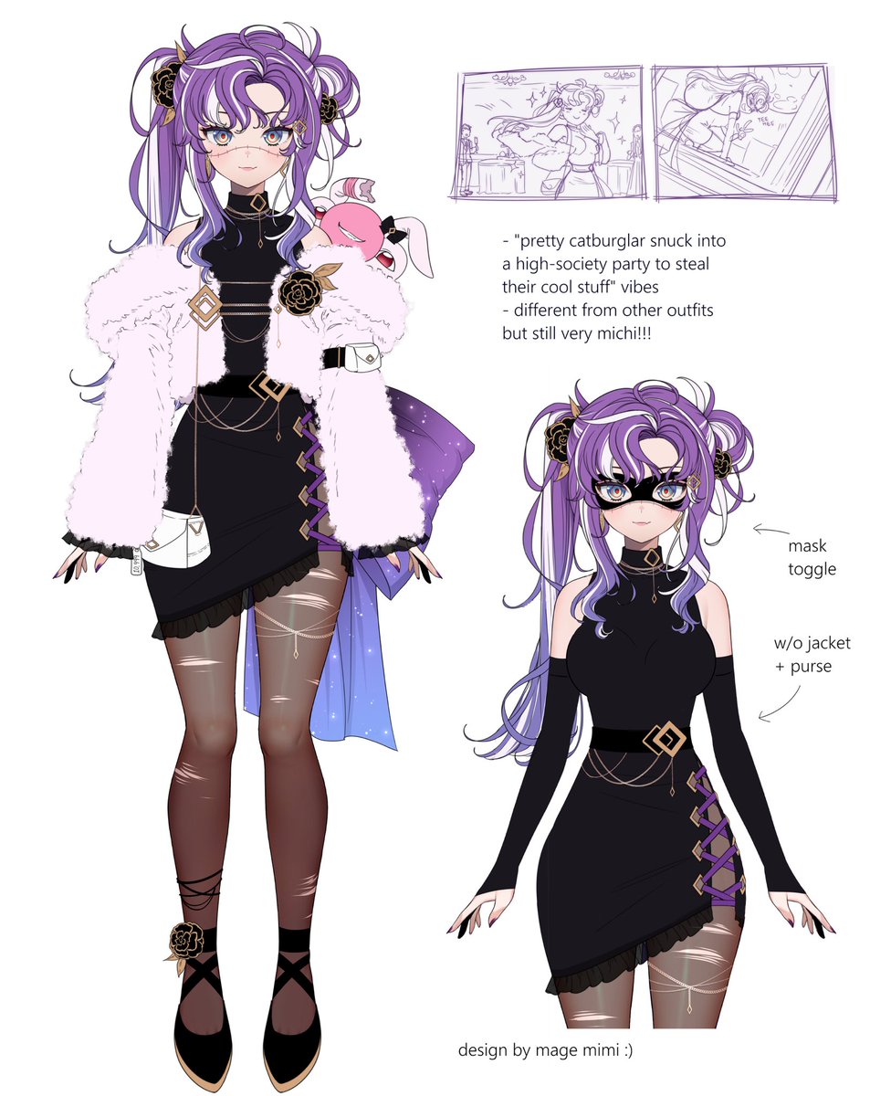 meotashie's tweet image. THEIF… in a pretty dress!!! I went for a high fashion look but still with michi’s style :) 💜 #michioutfitdesign