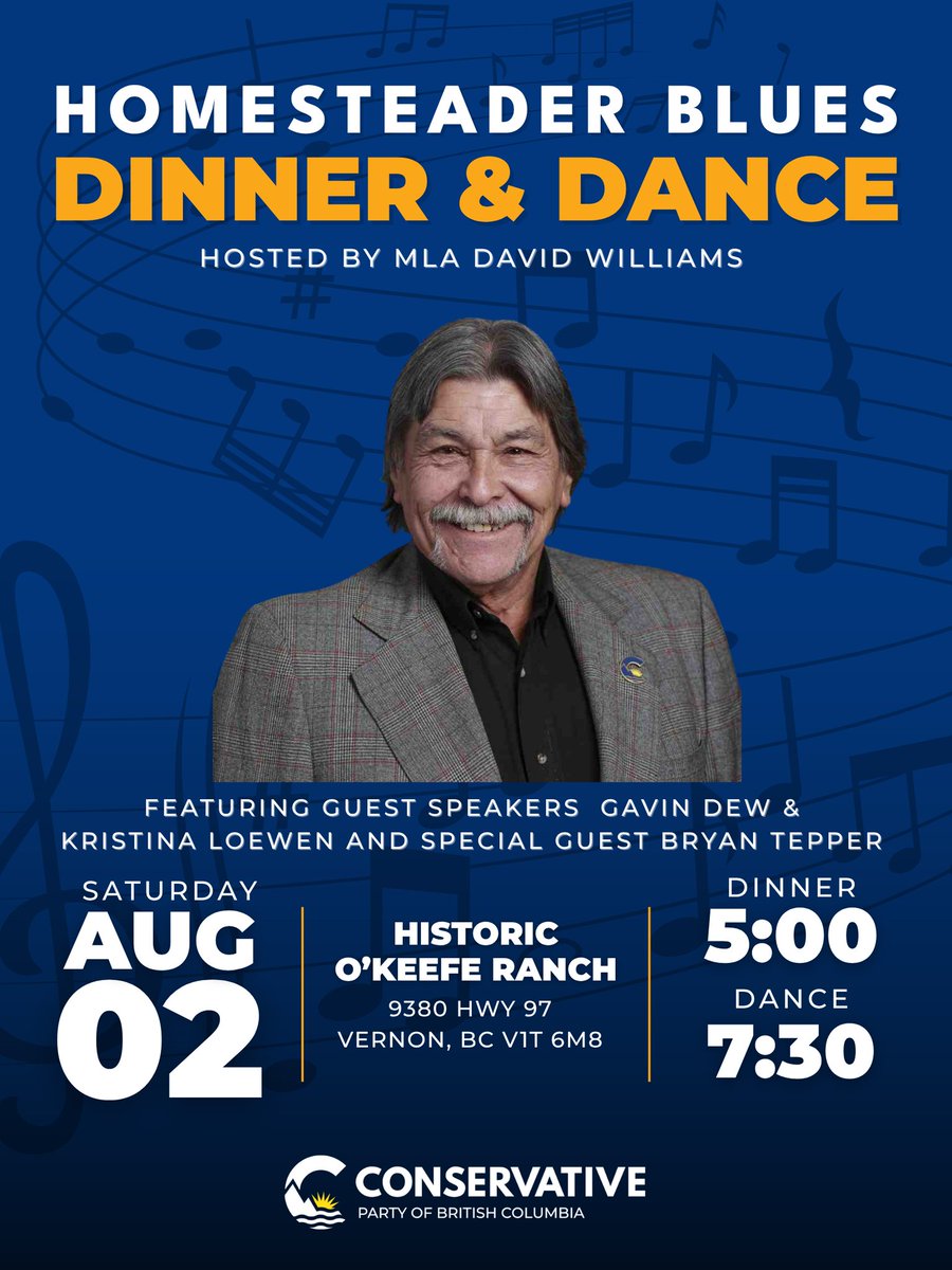 I am holding a fundraiser at the historic O'Keefe Ranch on Saturday August 2nd. Many MLA'S in attendance with guest speakers. Outdoor live music by Blind Bay Blues Band with tickets everyone can afford. Reserve on conservativebc.ca/events