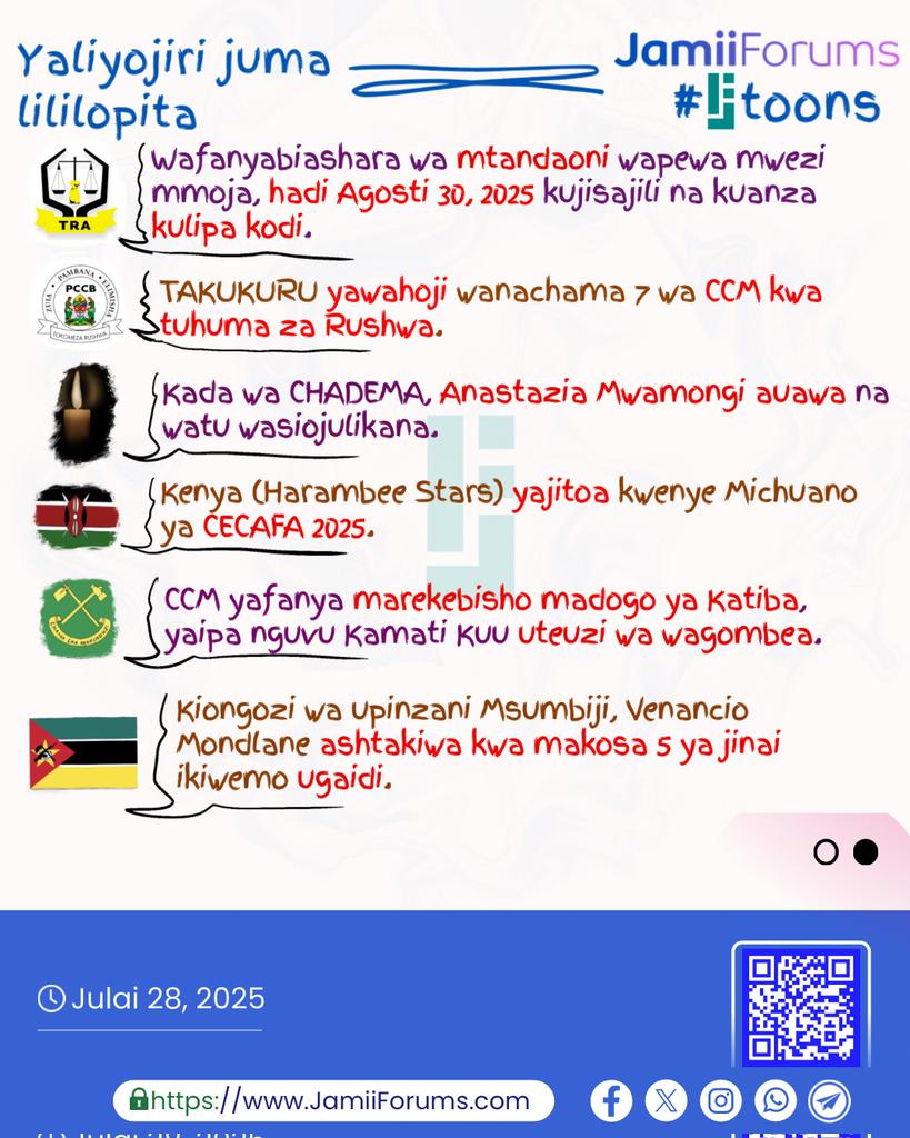 JamiiForums's tweet image. Kusoma kwa undani habari hizi na mengine yaliyojiri juma lililopita bofya jamii.app/YaliyojiriJuma…
#JamiiAfrica #JamiiForums #YaliyojiriJumaLililopita #JFToons