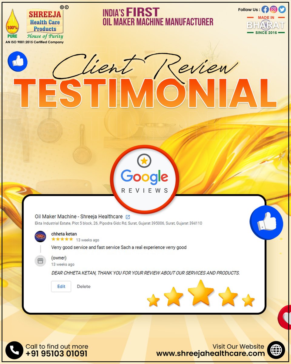 shreejahealth's tweet image. ✨ Happy Customers, Trusted Quality!
🗣️ “Very Good Service And Fast Service. Such A Real Experience, Very Good.” – Chheta Ketan ⭐⭐⭐⭐⭐
📞 Call Us: +91 95103 01091
🌐 Visit: shreejahealthcare.com
#oilmakermachine #coldpressoil #shreejahealthcare #ClientReview