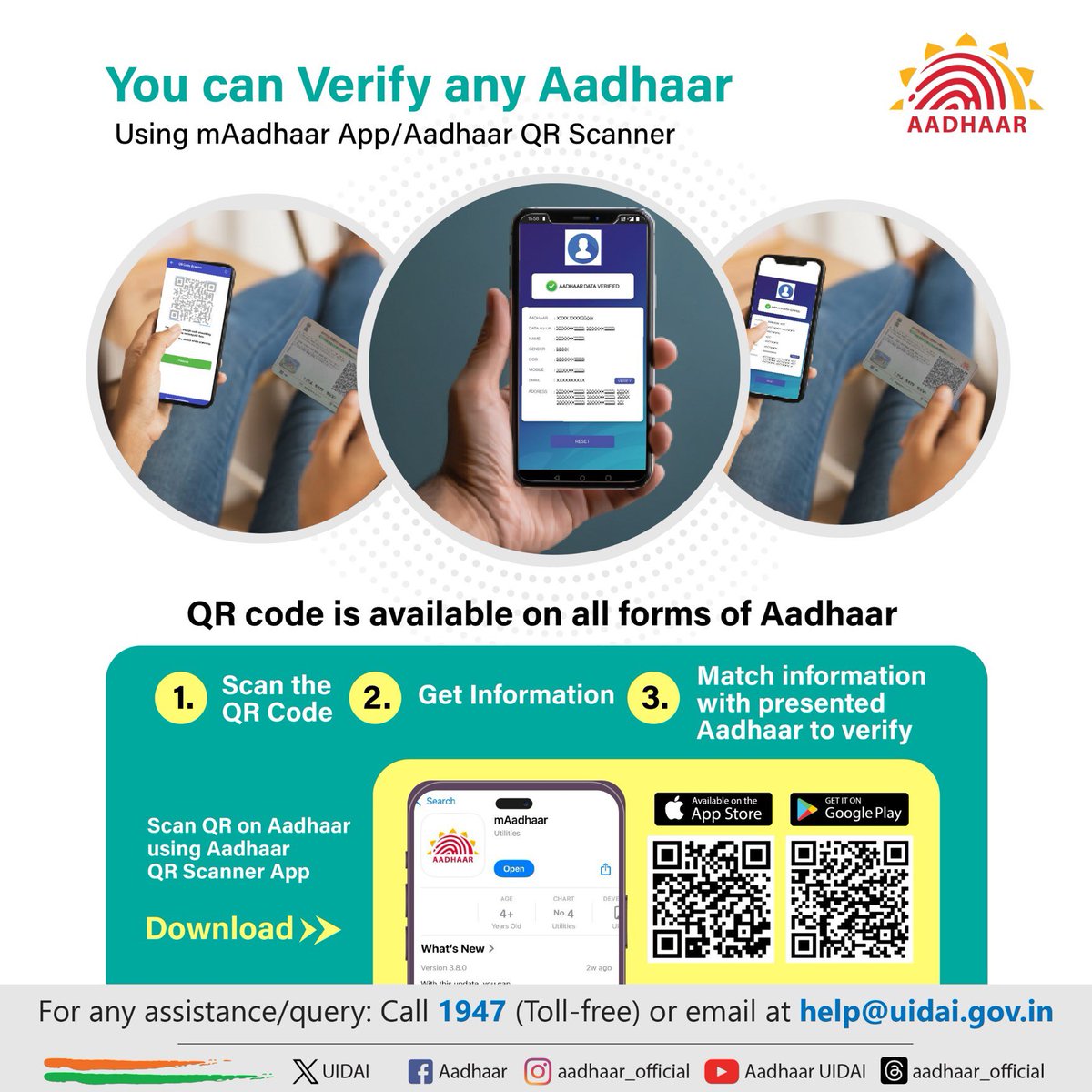 UIDAIBengaluru's tweet photo. Verify any Aadhaar in three easy steps using #mAadhaar app or Aadhaar QR Scanner!
1. Scan the secure QR code
2. Get information
3. Match the information with the presented Aadhaar
#AadhaarQRScannerApp #VerifyAadhaar #AadhaarOfflineVerification #Aadhaar https://t.co/3lAJGxUbya