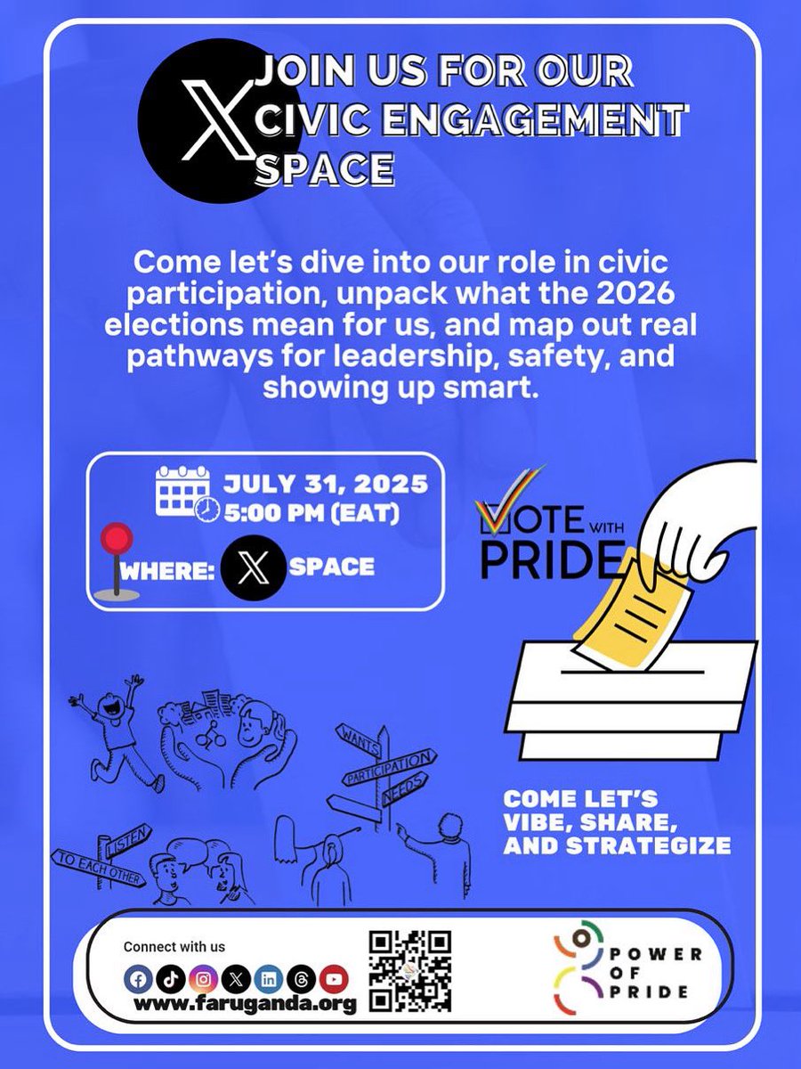 ⏳ Only 2 DAYS TO GO! ⏳

Join Us for our civic engagement X Space

We are creating space to amplify the voices of LBQ womxn in Uganda’s civic and political landscape. This timely discussion will explore the role of womxn in civic participation, unpack the road to the 2026