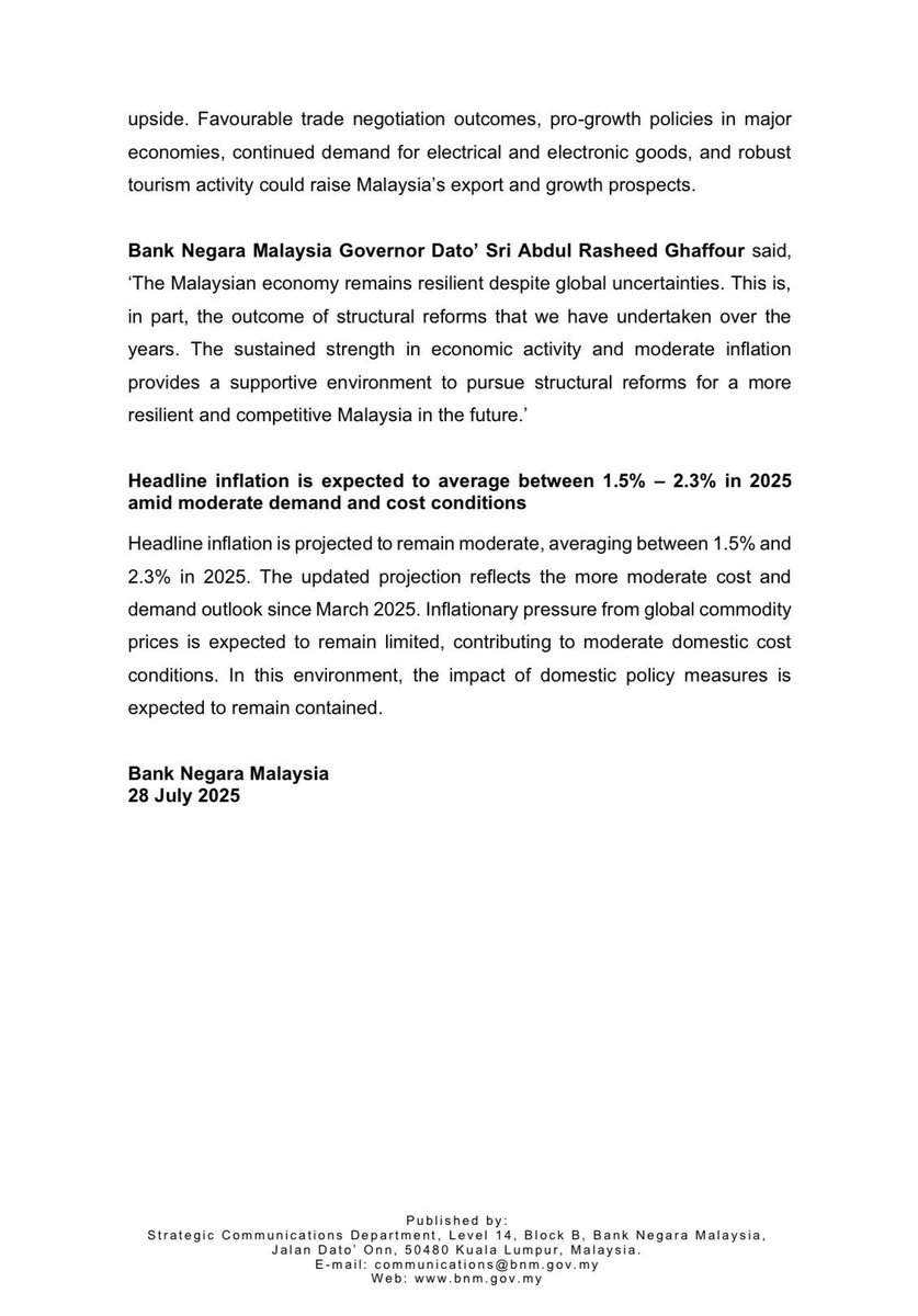 EkonomiRakyatMY's tweet image. Bank Negara Malaysia turunkan unjuran pertumbuhan ekonomi Malaysia dari 4.5%-5.5% kepada 4.0%-4.8% untuk tahun ini, setelah mengambil kira faktor ketegangan geopolitik dan perkembangan tarif

Jangka inflasi berlegar sekitar 1.5% hingga 2.3%