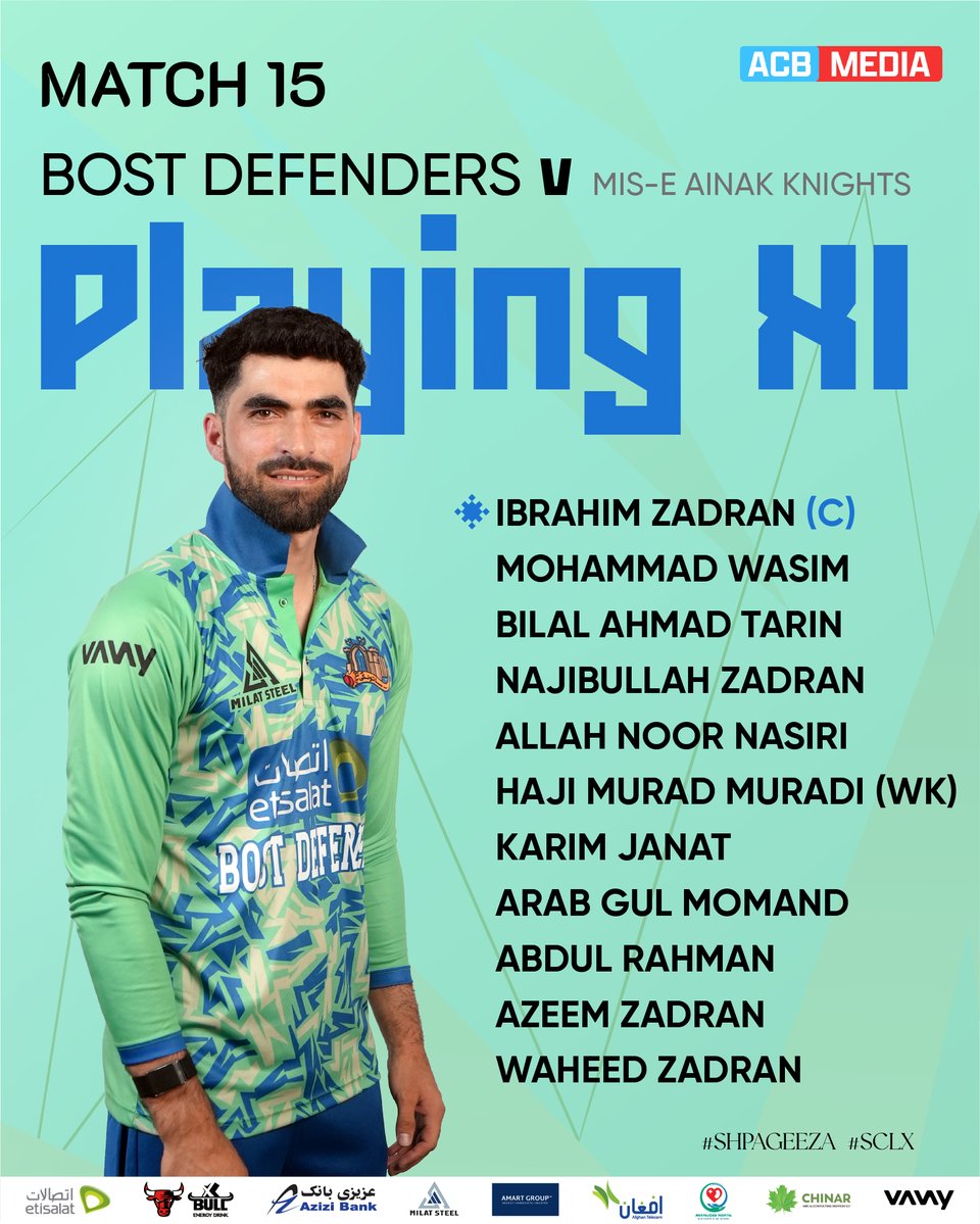 ACBofficials's tweet image. 🚨 PLAYING XIs 🚨
Here are the Playing XIs of the Band-e-Amir Dragons and the Bost Defenders for the 15th game of the 10th edition of the Etisalat Shpageeza Cricket League 2025, powered by XBull. 👏
#Shpageeza | #SCLX | #XBull | #Etisalat