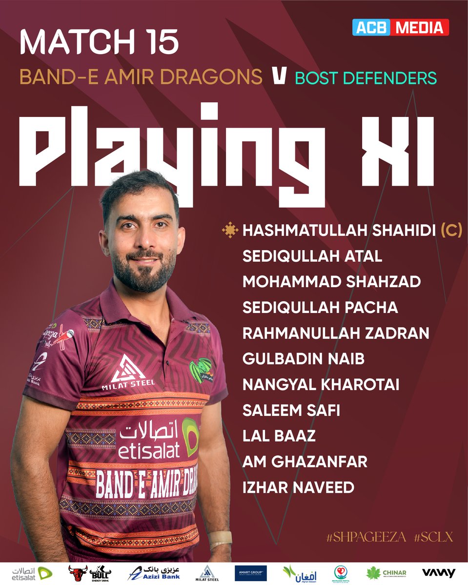 ACBofficials's tweet image. 🚨 PLAYING XIs 🚨
Here are the Playing XIs of the Band-e-Amir Dragons and the Bost Defenders for the 15th game of the 10th edition of the Etisalat Shpageeza Cricket League 2025, powered by XBull. 👏
#Shpageeza | #SCLX | #XBull | #Etisalat