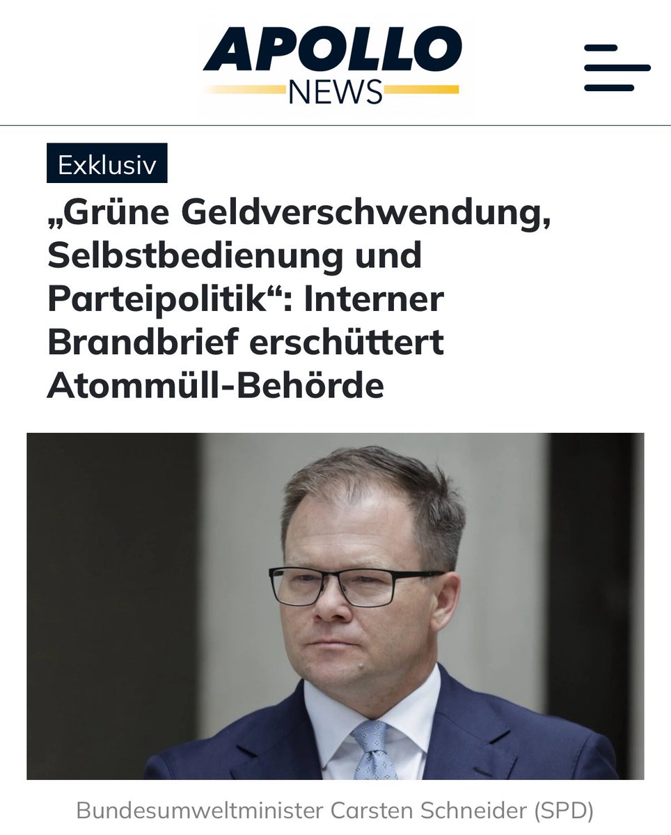 Jahrzehntelang haben die Grünen die Suche nach einem Atommüll-Endlager aus ideologischen Gründen blockiert – auch innerhalb von Behörden. Jetzt eskaliert der Streit im zuständigen Bundesamt wegen eines Briefs an Unweltminister Schneider.

apollo-news.net/grne-geldversc…