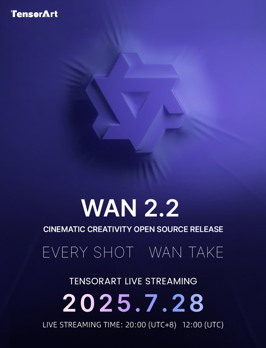 #Wan 2.2
Cinematic creativity open source release.
EVERY SHOT, WAN TAKE
#TensorArt will be the first to run!
Live Time: 7.28 12:00 UTC