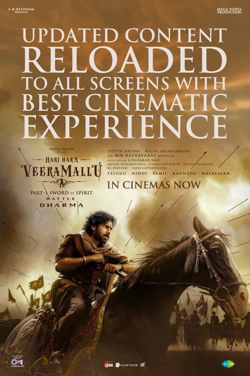 MythriRelease's tweet image. BATTLE FOR DHARMA JUST GOT BIGGER ⚔️⚔️
Updated & reloaded content across all screens for the BEST cinematic experience 🔥🔥
#HariHaraVeeraMallu - IN CINEMAS NOW 💥💥
Nizam release by @MythriRelease
#BlockbusterHHVM
Powerstar @PawanKalyan @AMRathnamOfl @thedeol #SatyaRaj…