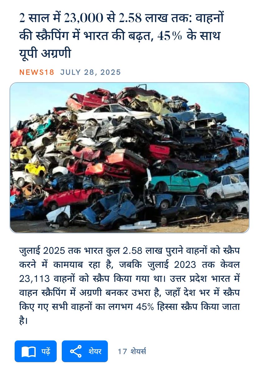 babulal_vasant's tweet image. 2 साल में 23,000 से 2.58 लाख तक: वाहनों की स्क्रैपिंग में भारत की बढ़त, 45% के साथ यूपी अग्रणी
news18.com/india/23000-to…
via NaMo App