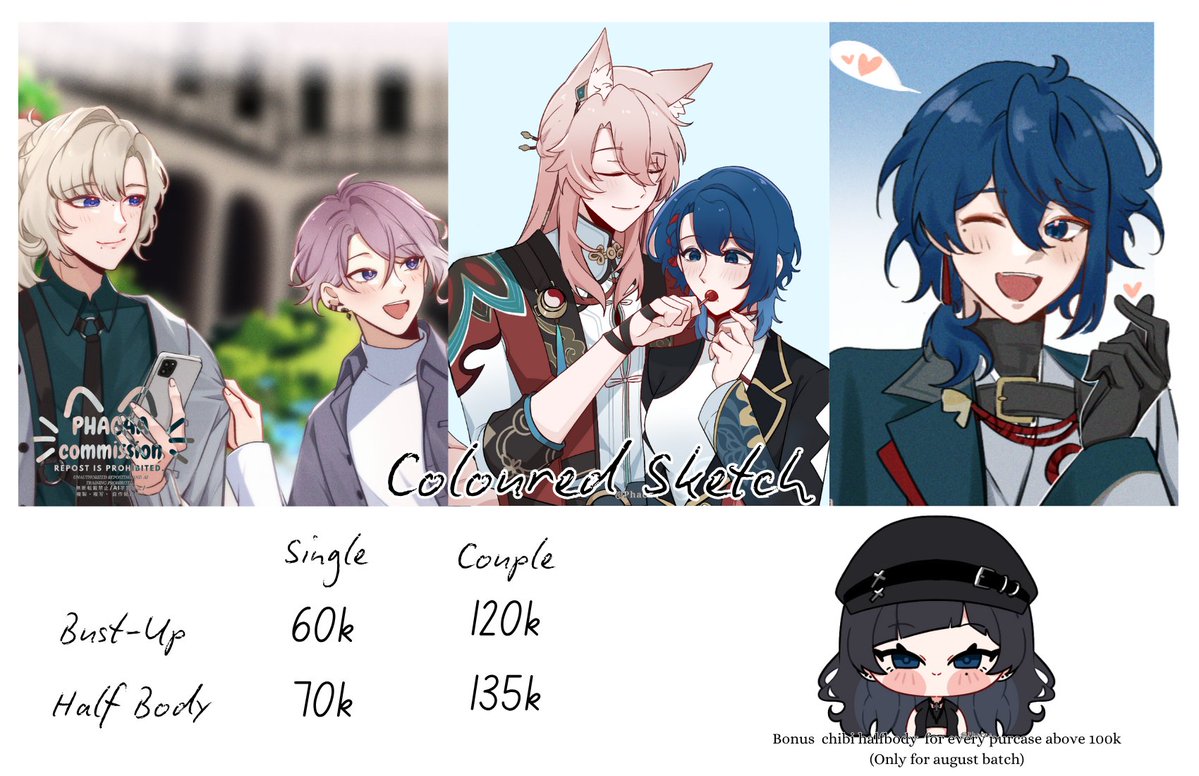 Phacaa's tweet image. Open commission!
° Aug-sept batch
`Like n RT is appreciated!
TnC, do n don't, more sample and other menu read carrd:
Phacomm.carrd.co
Detail slots on thread
`Dm me if interested! (please tag me if i don't responce within 24 hours)
