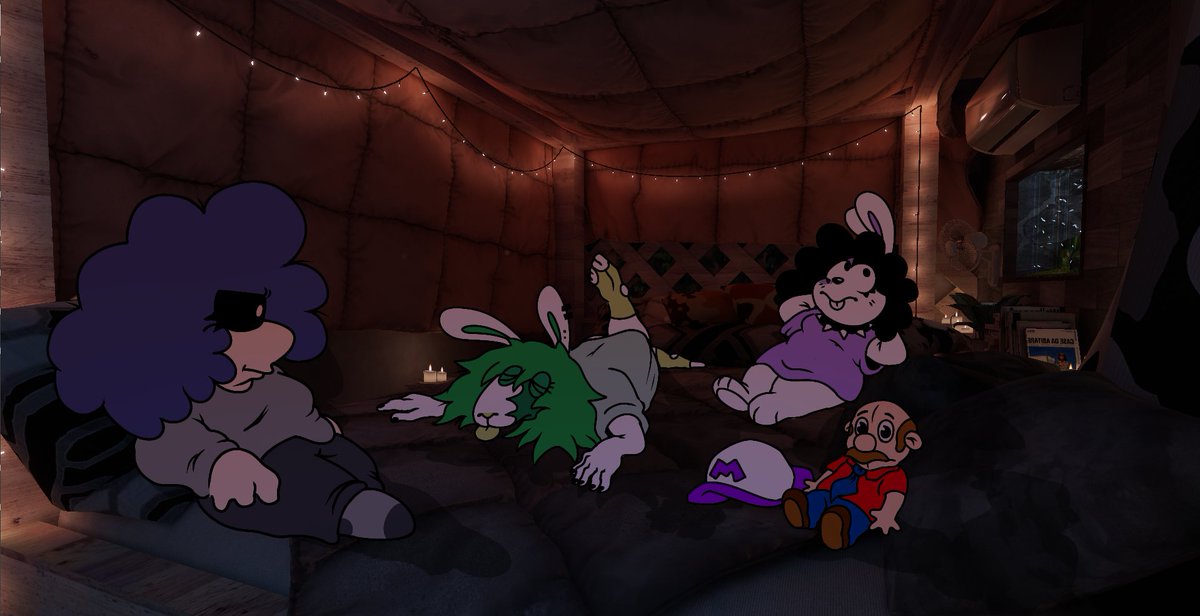 Lammyart's tweet image. [Goofy Dummy Slumber Party Ft: @PurbleBun and @ImSerch3]
Trying to draw things over Vrchat screenshots lol
#ibisPaintX #ocart #vrchat