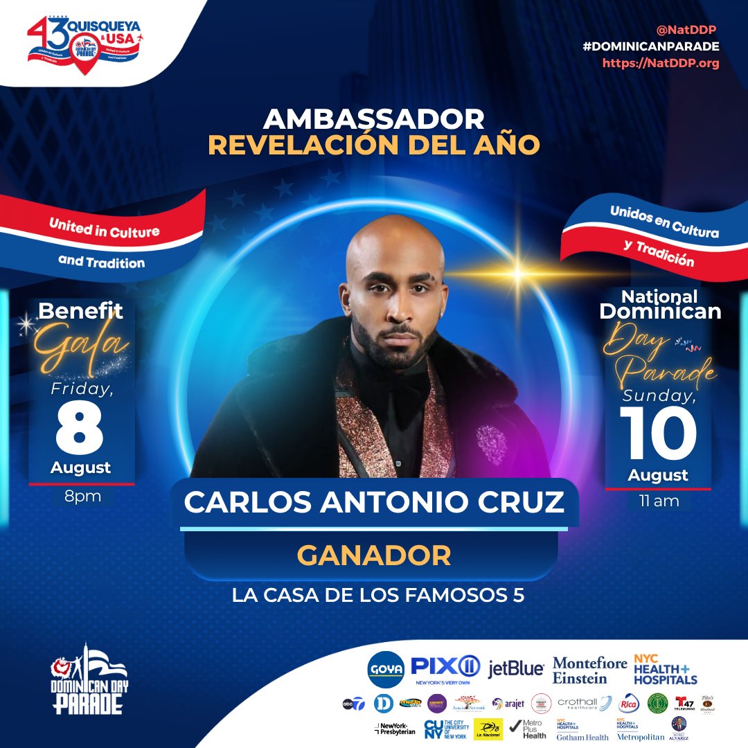 Celebrate 43 yrs of the #DominicanDayParade! 🇩🇴🇺🇸
This year, we proudly recognize Carlos Antonio Cruz as our Ambassador - Revelación del Año 
🎟 Benefit Gala: Aug 8, 8PM – Greentree Country Club
🎉 Parade: Aug 10, 11AM – 6th Ave, NYC
#NatDDP #QuisqueyaAndUSA