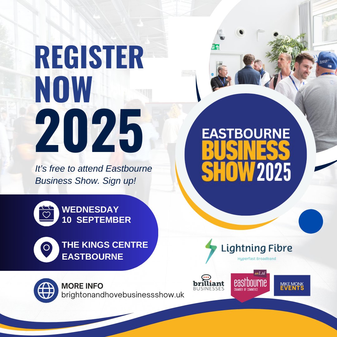 With just over a month to go, now is the time to register for your free visitor pass to Eastbourne Business Show. Network your business all day and make valuable new connections.
Register here: tinyurl.com/pbz8h5vm #tradeshow #Eastbourne #Sussex