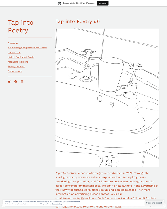 Duotrope's tweet image. New publisher listing for: Tap into Poetry @TapintoPoetry (Poetry; non-paying) duotrope.com/magazine/tap-i… #WritingCommunity