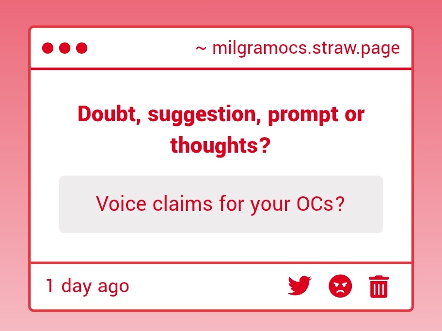 milgramocs's tweet image. · — [ QRT THIS WITH... ]

“Voice claims for your OCs?”