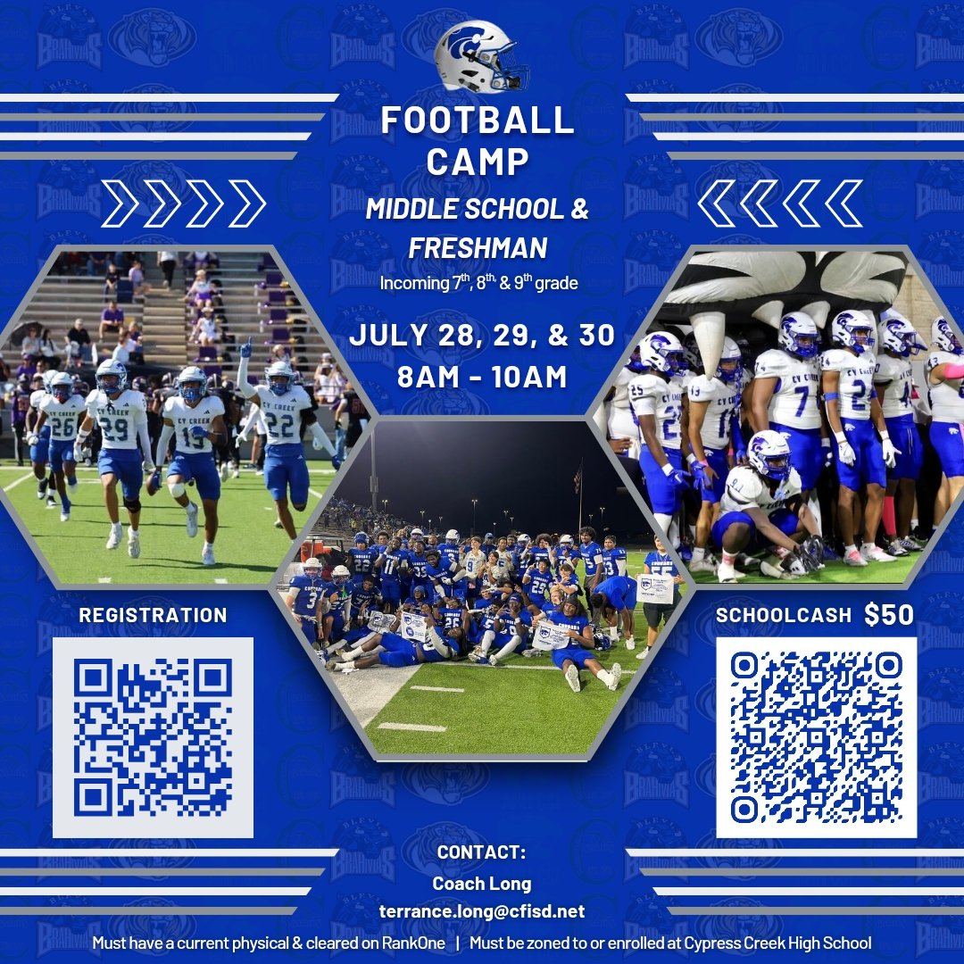 Join us for a three-day non padded football camp!  Led by the Cy Creek football staff, this camp will focus on overall skill development.

What to bring:
✅️ Cleats
✅️ Water Jug
✅️ Towel

#AhhCC 
#GrowChamps