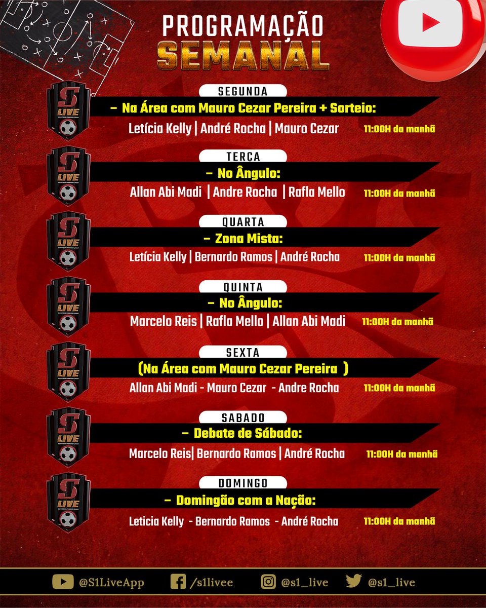 s1_live's tweet image. CONFIRA A PROGRAMAÇÃO SEMANAL DE LIVES DA S1 👇