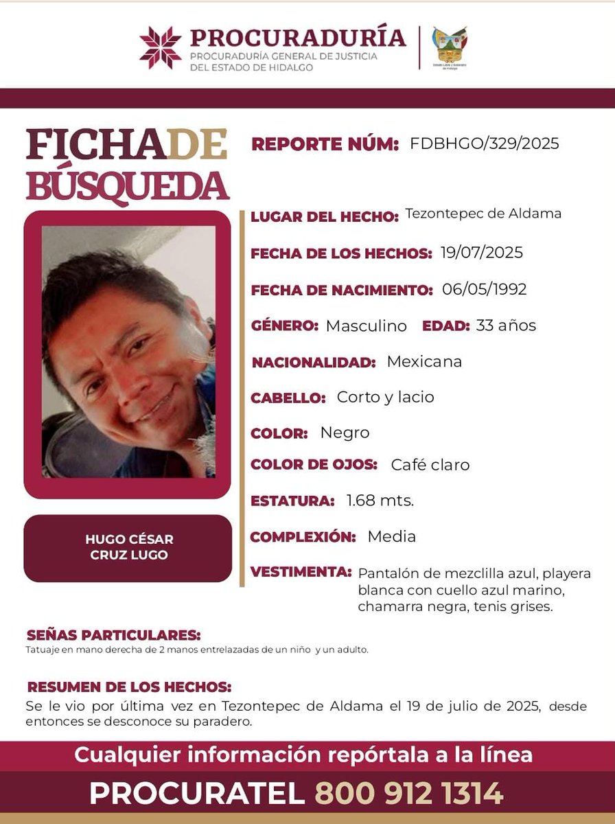📌Solicitamos tu apoyo con la #DIFUSIÓN de la #FichaDeBúsqueda para localizar a HUGO CÉSAR CRUZ LUGO. Si tienes información, comunícate ☎️ 8009121314 PROCURATEL #PGJEH. #CadaSegundoCuenta #TuAyudaCuenta #ActuemosRápido