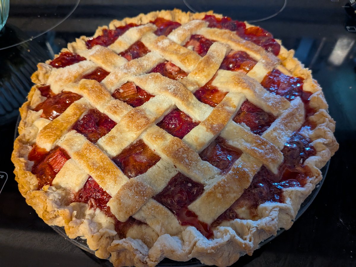 Strawberry rhubarb fresh out of the oven for hubby's birthday tomorrow.