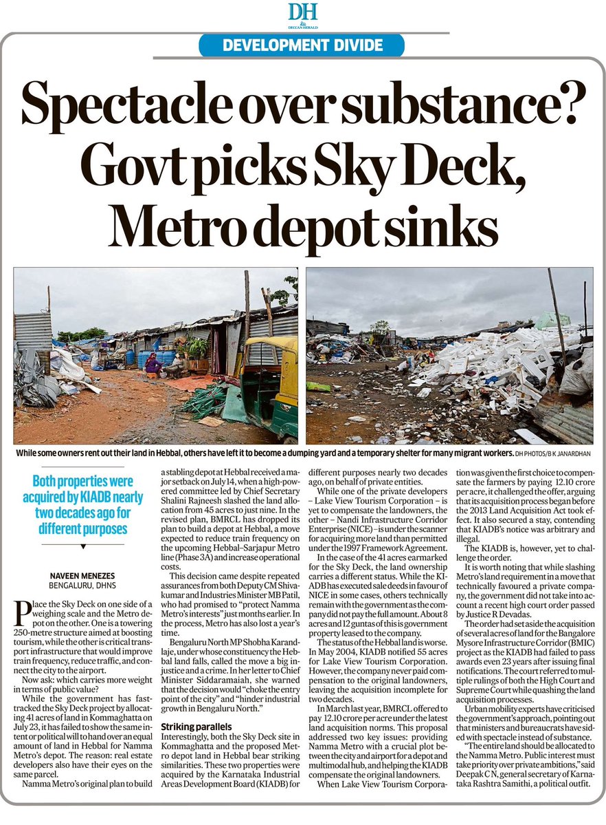 naveenmzs's tweet image. Karnataka govt okays 250-m Sky Deck for tourists, scraps Hebbal Metro depot meant to ease traffic, train operations etc.
Both needed same land extent, both had messy ownership: one developer defaulted, other grabbed excess land.
Yet, govt picked Sky Deck, ditched Metro depot