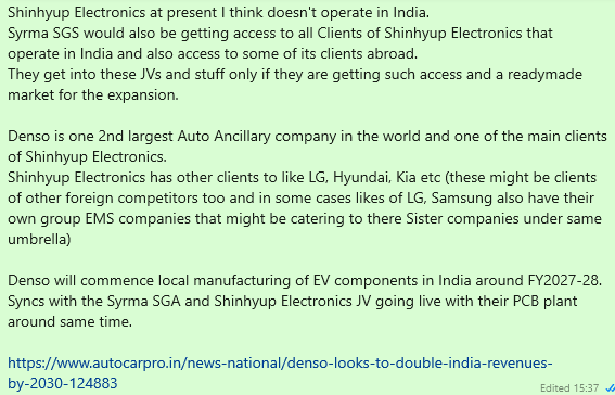 HiteshRandhawa's tweet photo. #SYRMASGS seems to be playing the long term sustainable game.

Promoter pedigree seems to be top notch.

PCB venture with Shinhyup Electronics if takes off then can be a game changer!

Mgmt. seems to be balanced in their guidance and are walking the talk.
#Syrma can surprise in next 2-3 yrs.

Business and Earnings Quality is improving de-risking it's business model (unlike Dixon, Amber and PGEL's of the world).
Everything they are doing seems to be a very well thought out strategy.

Putting below few links and screenshots that I used in my analysis and discussions, etc.,

Esimates I have posted are my view and are just rough back of the envelope calculations to get a directional view and not a detailed work, therefore please ignore it and come up with your own estimates.

1. Q1FY26 (July 24, 2025) Guidance Summary  https://t.co/m6GwzkLJfO

2. AI generated information links to get overview on certain areas given below.

Syrma SGS: BUSINESS ANALYSIS REPORTS

Comprehensive Report on Syrma SGS Technology Limited Promoters
https://t.co/xhgWQZDV9x

Syrma SGS Acquisition History and Competitive Analysis
https://t.co/JQH8FD2WV1

Syrma SGS Technology Business Analysis
https://t.co/MU4k5TT1Vq

Syrma SGS vs Global EMS Leaders Evolution Journey
https://t.co/fsMzDqGFx4

Asian Electronics Firms' India Strategy
https://t.co/H10RKjGZUL

Shinhyup Electronics Business Risk Analysis
https://t.co/kBElECEnYi

Korea Circuit Business Risk Analysis (Amber's JV Partner)
https://t.co/Y5WJmfo2k8

Rexxam Business Risk Assessment (Dixon's JV Partner)
https://t.co/2u2tcTbWA3 

P.S.  
1. Take everything mentioned in the post and all the data and analysis with bucket of salt as AI generated (not all information maybe correct, objective is to get high level view of the business) 
2. Invested, Assume Bias & Vested Interest 
3. Read disclaimer/disclosure in Pinned message on the profile 
4. Not a recommendation to Buy/Sell (ignore the investment or buy/sell thesis in the AI generated summary; it is not my view and AI generated automatically) 
5. Do your own due diligence and consult your financial advisor

#Syrma