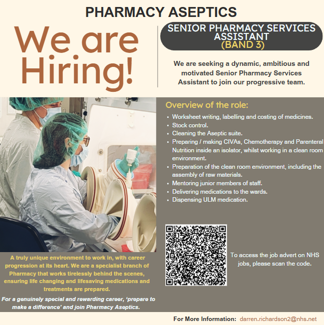 LTHPharmacy's tweet photo. Our Aseptics Team at @LeedsHospitals is hiring!

If you are an ambitious individual wanting to join a dynamic and progressive team, please see the poster or NHS Jobs for more details: https://t.co/BaV8cO2zXA. The closing date for applications is 13th August 2025.

#MMPS #Pharmacy https://t.co/WYoHd5ztOh