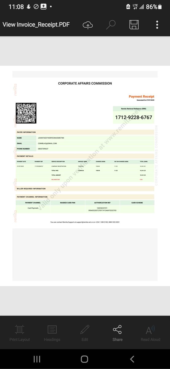 COMIBLAQ's tweet photo. @cacnigeria1 Hello, I did a company regison your portal yesterday and made payment through the account provided by remita, but my payment has not been validated on your portal, but I have received my payment receipt from remita, kindly find attached the screenshot of the receipt. https://t.co/jF7pOKIDnz