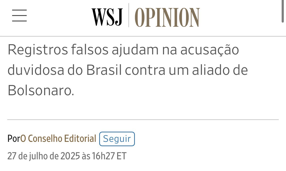 🚨Brasil 🇧🇷/EUA 🇺🇸: “A deterioração da democracia brasileira é preocupante” diz artigo de opinião do conselho editorial do jornal “Wall street journal” sobre o caso Filipe Martins.

“A deterioração da democracia brasileira é preocupante. Mas a ameaça tarifária não comoveu Lula