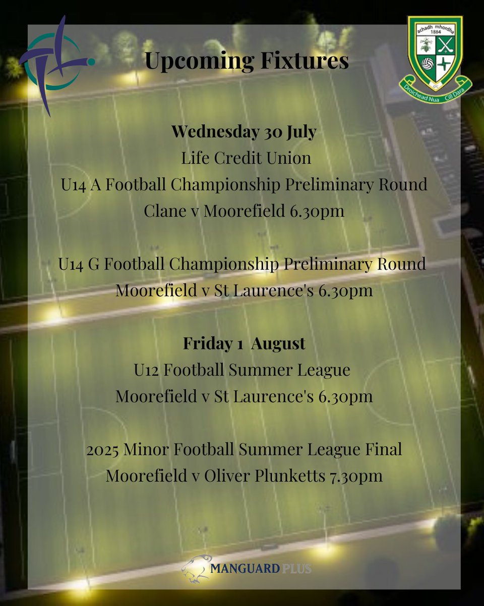 MoorefieldGaa's tweet image. Upcoming fixtures have been added to our website and ClubZap app.
Our Minor Footballers are in the Summer League Final this Friday and Championship season steps up a notch with the U14 Football Championship stating.
Achadha Mhordha abú 🇳🇬
#Moores2025