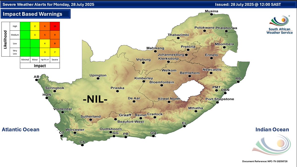 SAWeatherServic's tweet image. Weather forecast for today and tomorrow, 28-29 July 2025:
Partly cloudy and cold to cool with isolated showers and thundershowers in the north-west.
#saws #southafricanweather