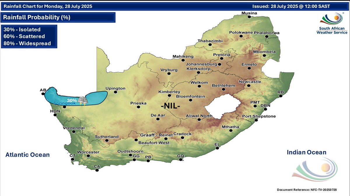 SAWeatherServic's tweet image. Weather forecast for today and tomorrow, 28-29 July 2025:
Partly cloudy and cold to cool with isolated showers and thundershowers in the north-west.
#saws #southafricanweather