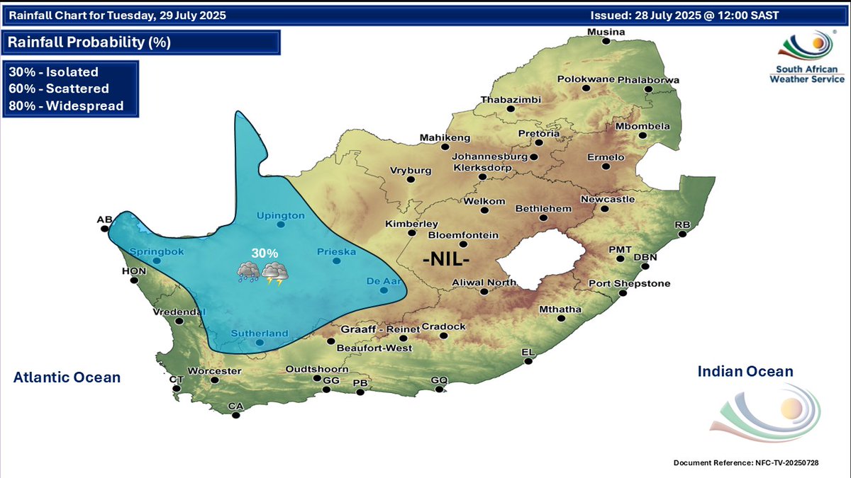 SAWeatherServic's tweet image. Weather forecast for today and tomorrow, 28-29 July 2025:
Partly cloudy and cold to cool with isolated showers and thundershowers in the north-west.
#saws #southafricanweather