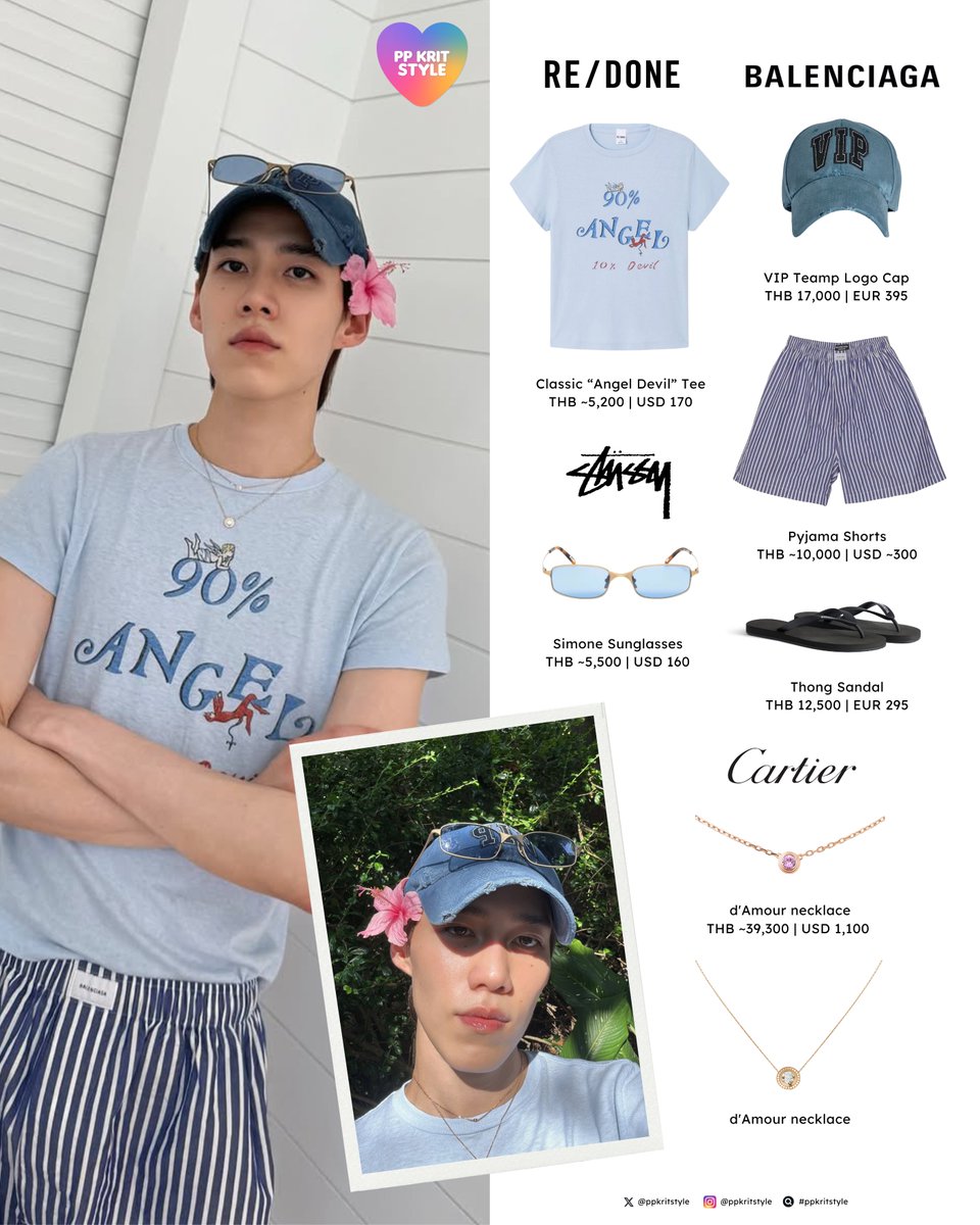 ppkritstyle's tweet image. 〰️ พีพี | PP KRIT STYLE: #BKPPพาพี่พี่ติดเกาะ
#REDONE Classic "Angel Devil" Tee
#Balenciaga VIP Teamp Logo Cap, Pyjama Shorts, Thong Sandal
#Stussy Simone Sunglasses
#Cartier d'Amour Pendant, Pink Sapphire, d'Amour Pendant, Diamond, Paved
#ppkritt #ppkritstyle