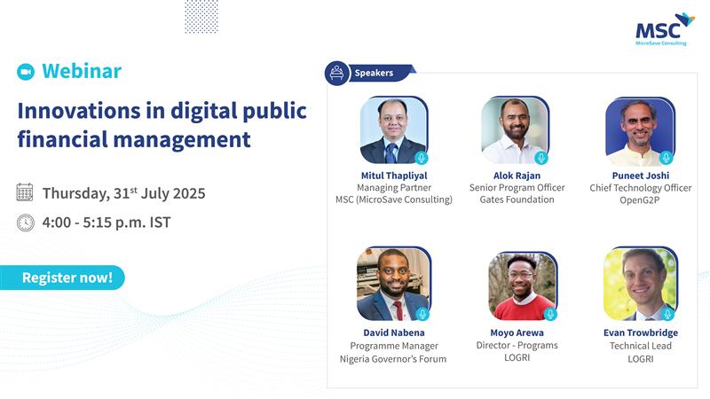 MicroSave's tweet image. Join us on 31st July 2025 at 4 p.m. IST to learn how just-in-time payment systems & digital dashboards revolutionize public finance & service delivery.
Save your spot: tinyurl.com/56a4yrjy
#DigitalPFM #SmartGovernance #PFMReform