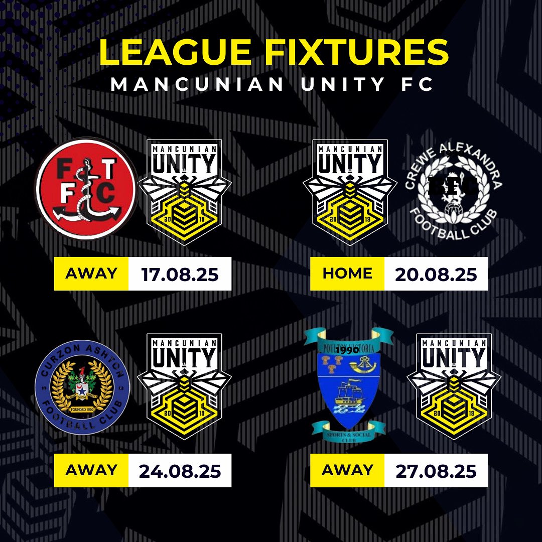 MancunianUnity's tweet image. 🐝The league Fixtures have been released and here’s how we’ll kick off our 2025/2026 campaign.
⚽️Firstly we take the trip to Fleetwood, followed by a midweek home fixture vs Crewe Alexandra. We then face 2 more away fixtures to Curzon Ashton and midweek at Poulton Victoria.
