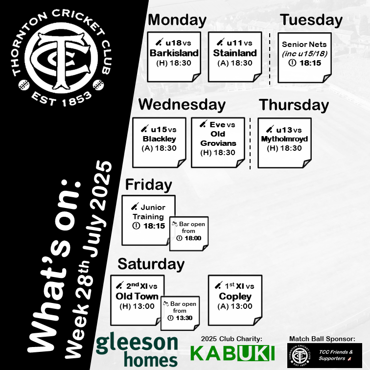 ThorntonCC's tweet image. 🏏 The oldest four junior sides are in cup action and the evening league side finally get another home game in
Saturday sees the 1st XI head to Copley, whilst the 2nd XI welcome Old Town
Then a rest for all on Sunday
