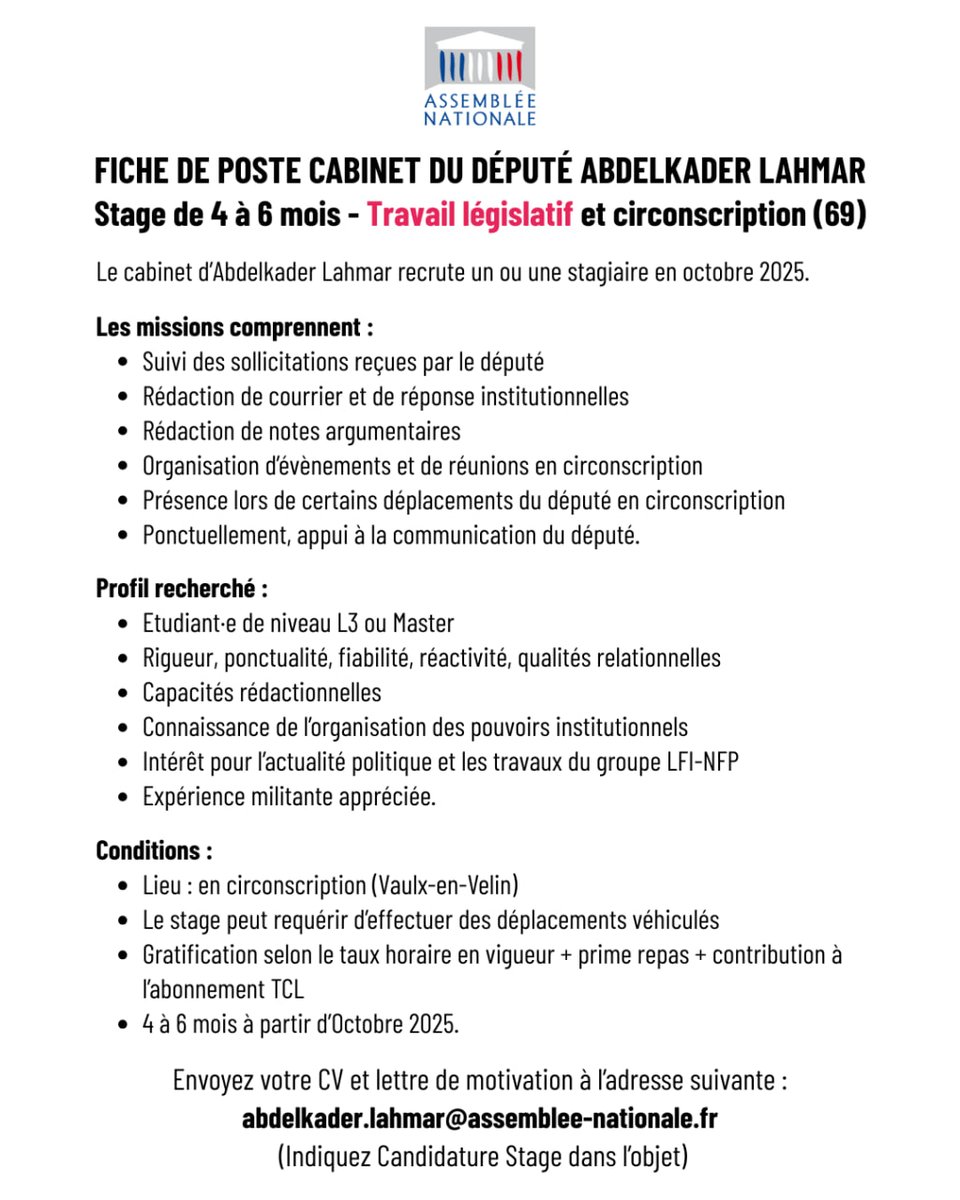 📢 Le cabinet d’Abdelkader Lahmar recrute !

À partir d’octobre 2025, nous accueillons un·e stagiaire pour une durée de 4 à 6 mois.

Vous correspondez à l’un de ces deux profils ? Alors cette opportunité est pour vous 👇
