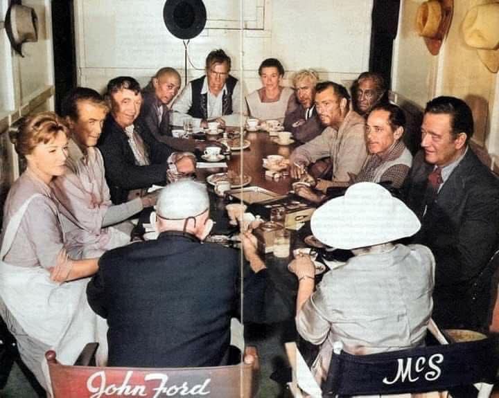 The cast of The Man Who Shot Liberty Valance (my favourite western) eating a meal together, from Left To Right : Vera Miles, James Stewart, Andy Devine, Woody Strode, Lee Marvin, Jeanette Nolan, Edmond O’ Brien, Lee Van Cleef, Strother Martin, Shug Fisher, John Wayne, And With