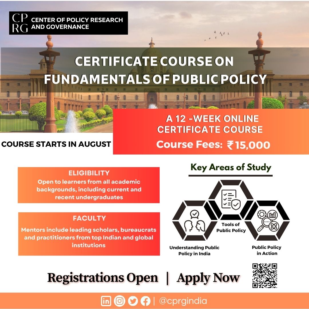 Center of Policy Research & Governance (CPRG) (@cprgindia) on Twitter photo We are excited to announce the 8th edition of our online Certificate Course on Fundamentals of Public Policy. Designed for professionals & policy enthusiasts, it offers live sessions led by public policy experts, and practitioners.
Apply: bit.ly/3G6GL5Z
<a href="/RamanandDelhi/">Dr. Ramanand</a> We are excited to announce the 8th edition of our online Certificate Course on Fundamentals of Public Policy. Designed for professionals & policy enthusiasts, it offers live sessions led by public policy experts, and practitioners.
Apply: bit.ly/3G6GL5Z
<a href="/RamanandDelhi/">Dr. Ramanand</a>