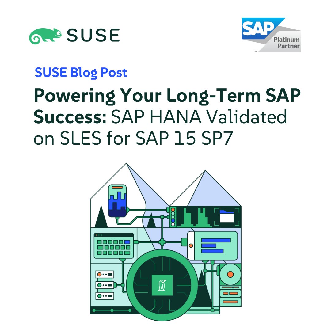 SUSE's tweet image. Big news for #SAP users! 🎉 SAP HANA 2.0 is now officially validated on SUSE Linux Enterprise Server for SAP applications 15 SP7!
SUSE is the only #Linux vendor to achieve #SAPHANA validation for every SP of the SLES 15 family, ensuring unmatched consistency and confidence for…