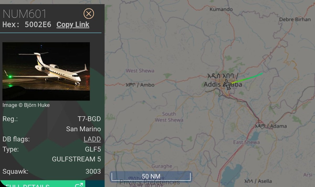 AfriMEOSINT's tweet image. Somali President Hassan Sheikh Mohamud (#HSM) arrived in Addis Ababa 🇪🇹 yesterday to attend the UN Food Systems Summit Stocktake (#UNFSS+4). 

He travelled aboard a Gulfstream GLF5 private jet, registration 🇸🇲 T7-BGD, operated by Swiss 🇨🇭-based company Nomad Aviation.