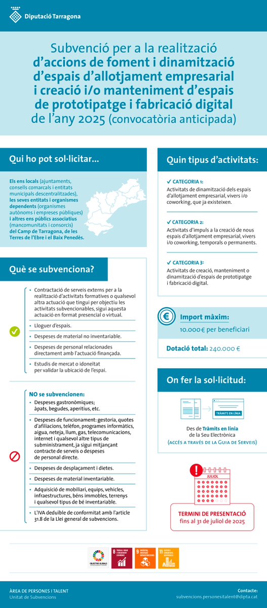 Dipta_cat's tweet image. #GuiaServeisDipta 🗓️‼️ Dijous 31/JUL finalitza el termini de diverses subvencions de #PromocióEconòmica de @Dipta_cat📈#EmprènDipta
#EnsLocals ℹ️ Per a espais d'allotjament empresarial: dipta.cat/serveis/suport…
#Entitats ℹ️ Per al foment de l'emprenedoria: dipta.cat/serveis/subven…