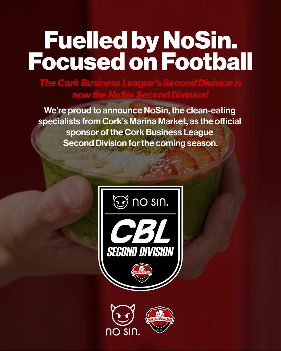 CorkBusinessLge's tweet image. BREAKING
CBL 🤝 NoSin
We’re excited to welcome NoSin the clean-eating champions of the Marina Market Cork, as the official sponsor of the CBL Second Division for the coming season.