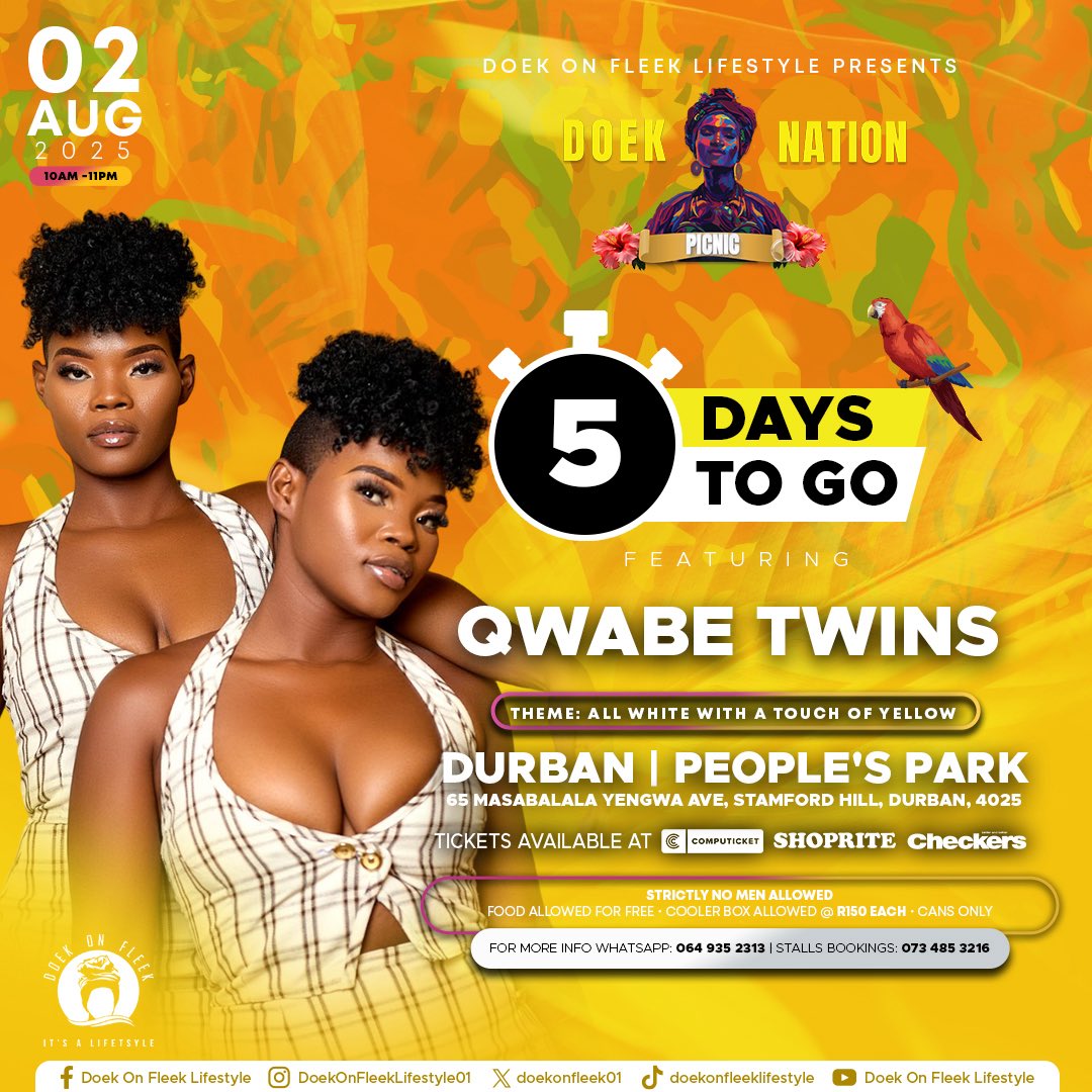 doekonfleek01's tweet image. ✨ 5 DAYS TO GO until Usuku Lwesigameko!🔥
📆: Saturday 02 August 2025
📍:People’s Park
👗: All white with a touch of Yellow
👉Follow link to Get your tickets🎫
shorturl.at/oOZ7z
@QwabeTwins
@Ladydu_sa @Sjava_atm @Nomfundo_Moh @NontokozoMkhiz9 @Uyanda_20 @MaddieOgle